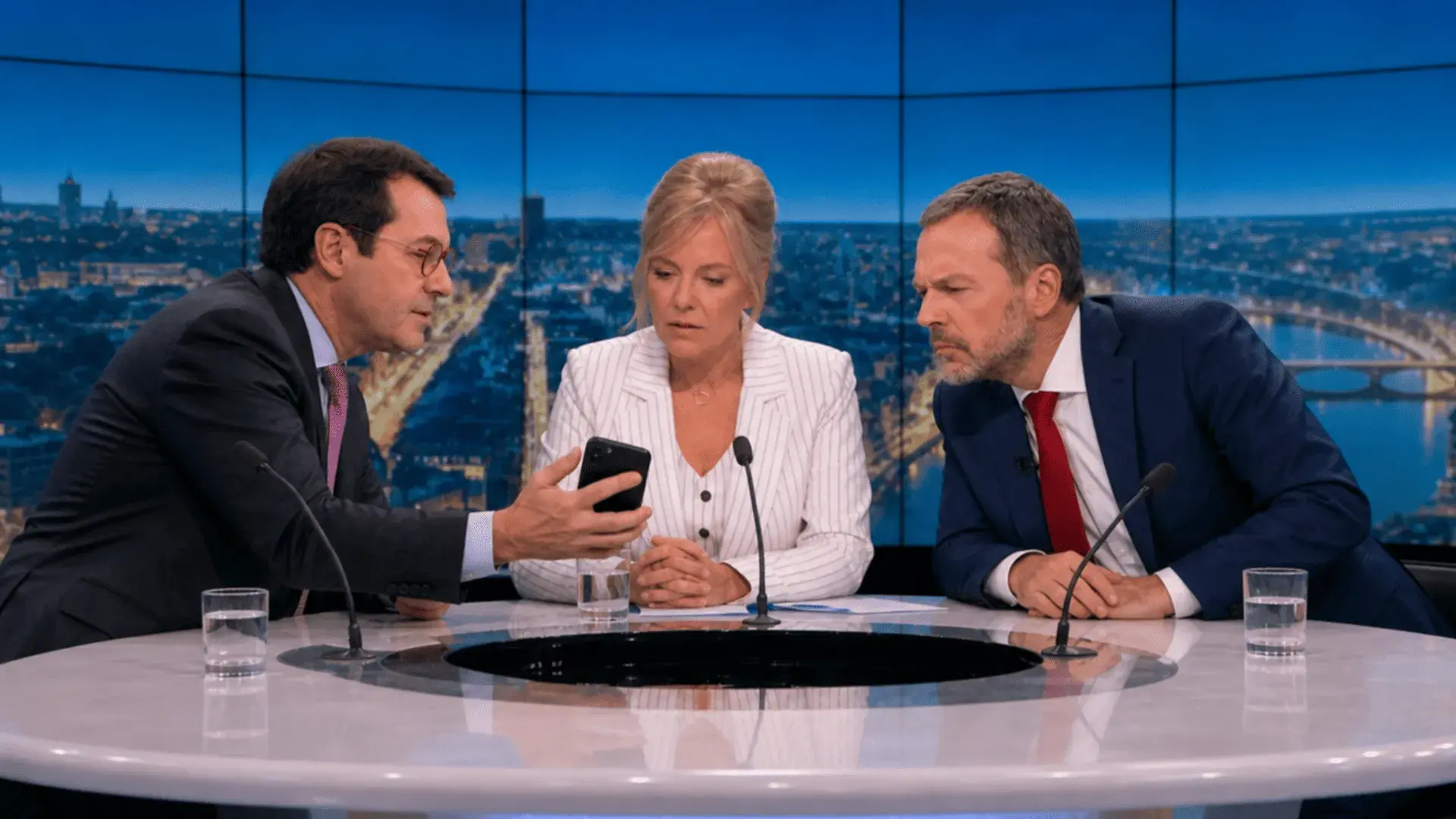 Les trois protagonistes regardent l'écran du téléphone